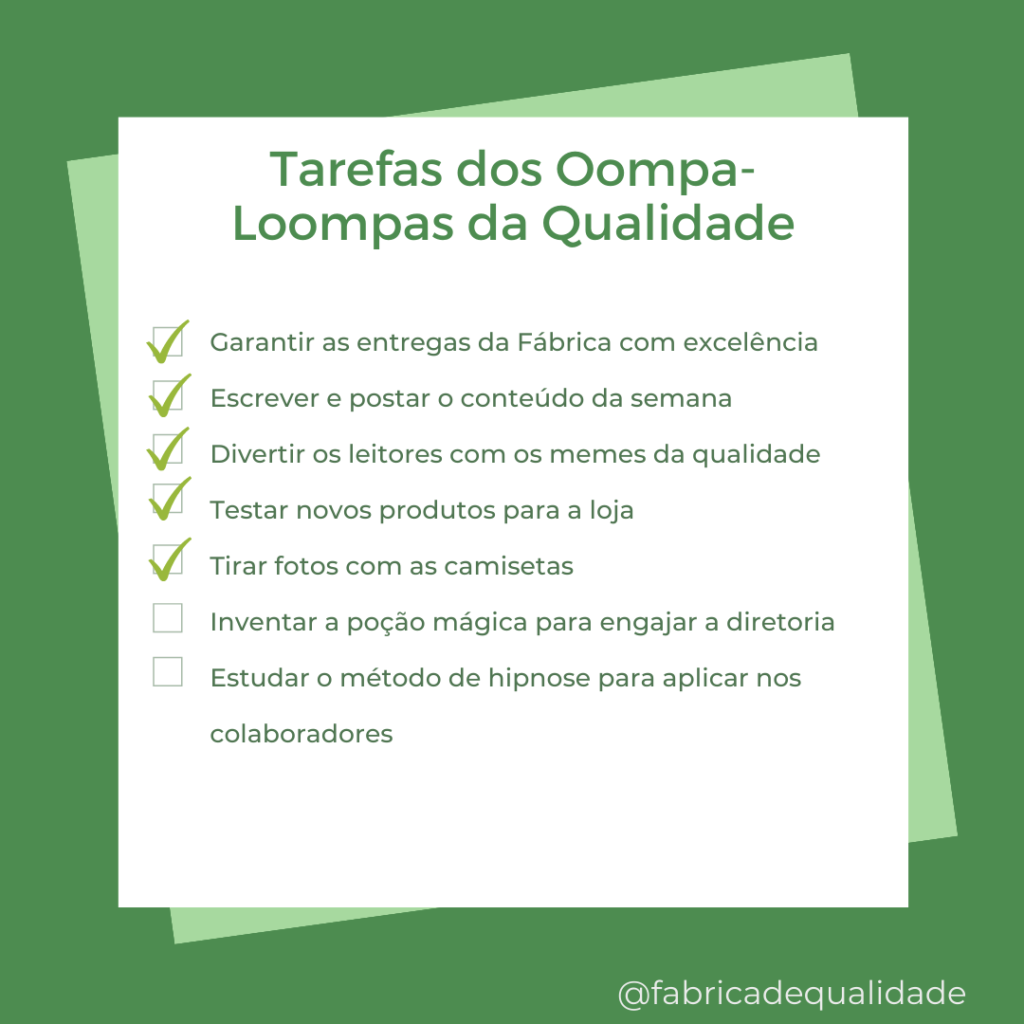 Tarefas da semana dos oompa-loompas da Qualidade