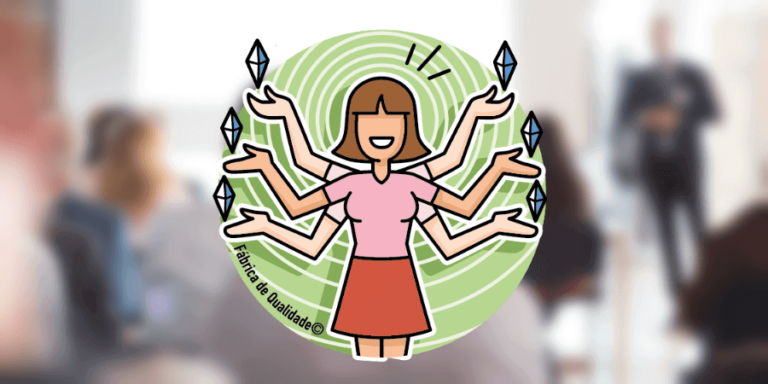 Imagem de uma mulher levitando prismas, simbolizando a gestão de competências e a multiplicação de habilidades.