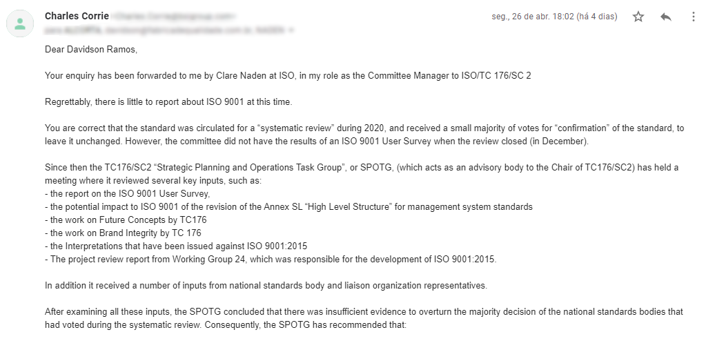 E-mail de Charles Corrie, Gerente de Comitê da ISO / TC 176 / SC 2, sobre a Revisão da ISO 9001.