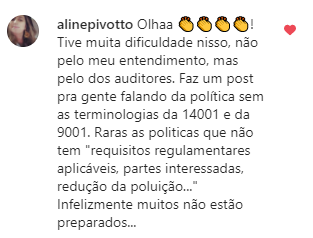 Comentário da leitora Aline sobre as terminologias da ISO 9001 e da ISO 14001.