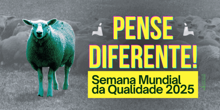 Imagem de uma ovelha destacada em verde em meio ao rebanho, simbolizando o tema "Qualidade: Pense Diferente" e o tema da Semana Mundial da Qualidade 2025.